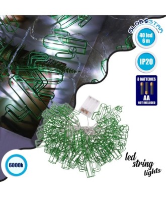 79802 Διακοσμητική Γιρλάντα Green Cactus 6 Μέτρα με Διακόπτη On-Off - 40 LED 4W με Μπαταρίες 3xAA & Διάφανο Καλώδιο IP20 Ψυχρό Λευκό 6000K Μ6m